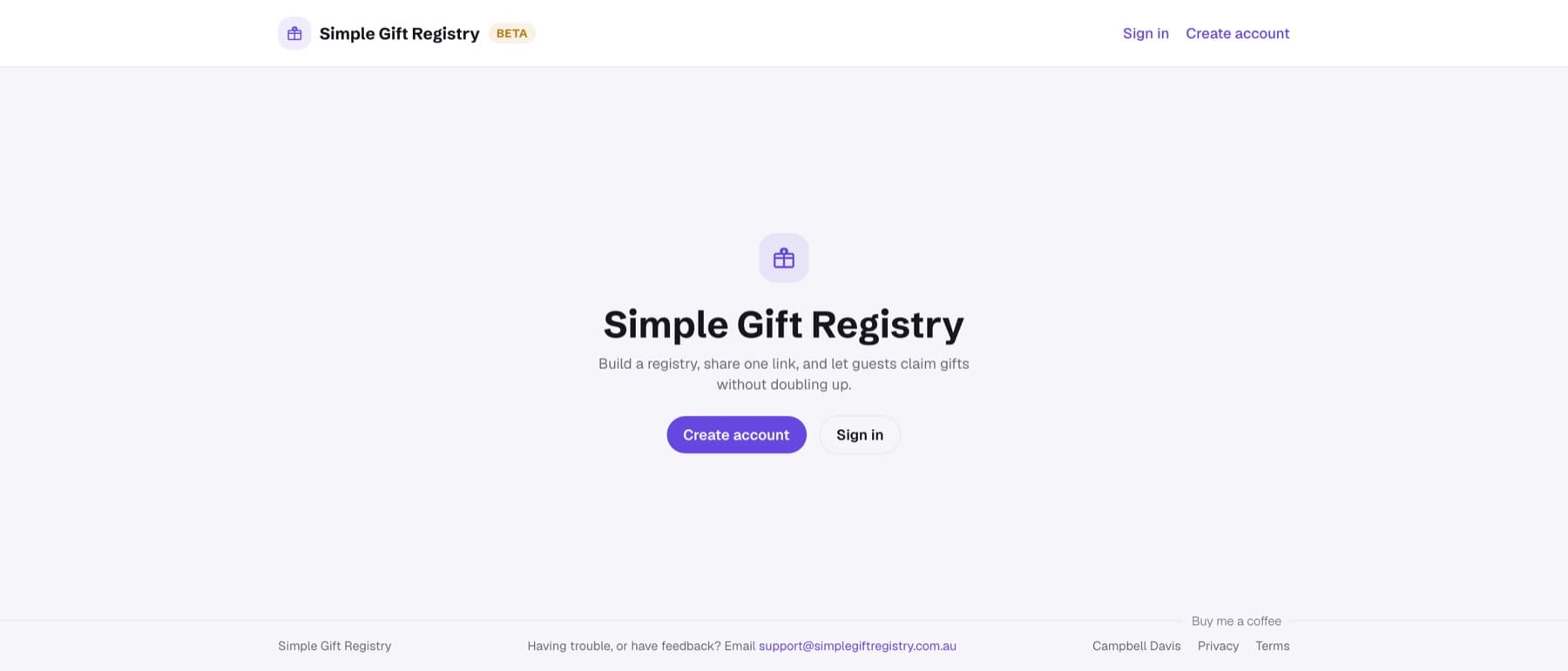 The Simple Gift Registry homepage, showing its gift icon, tagline and sign-up buttons